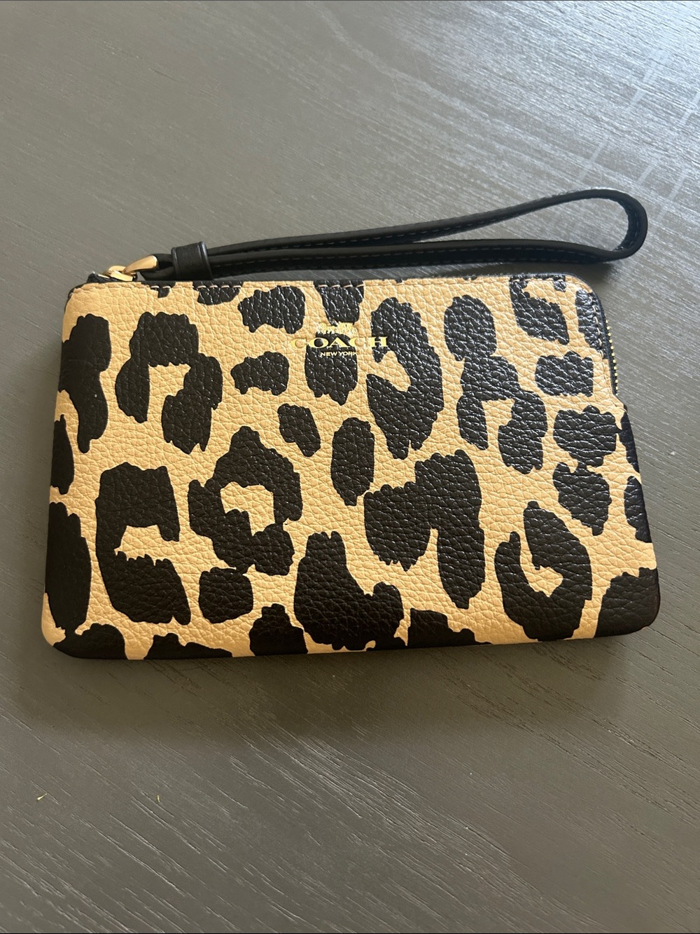 Coach Leopard Print Zip Wristlet - Black & Tan